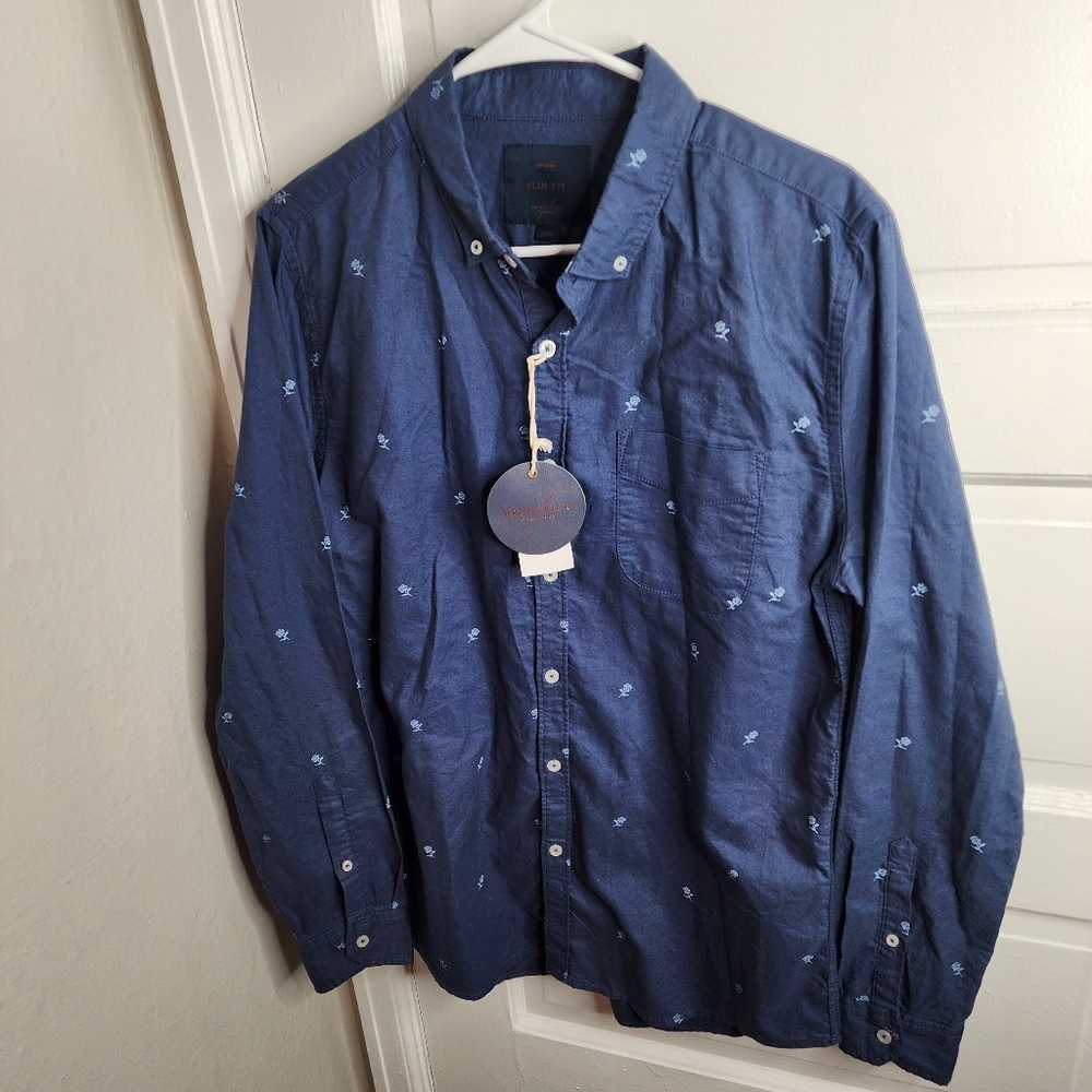 NWT Brunswick Navy Button Down Longsleeve Slim Fit Shirt Roses Men's M